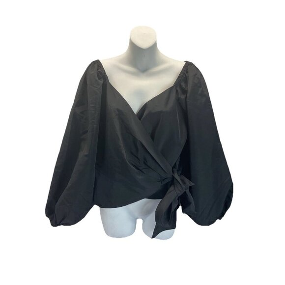 NEW Express size L Black Taffeta Faux Wrap Cropped Off Shoulder puff sleeve - Picture 1 of 10